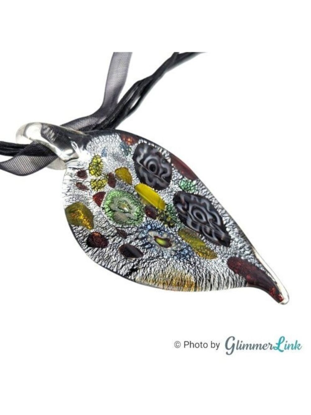 Multicolor Floral Foiled Glass Leaf Pendant Organza Cord Black Necklace